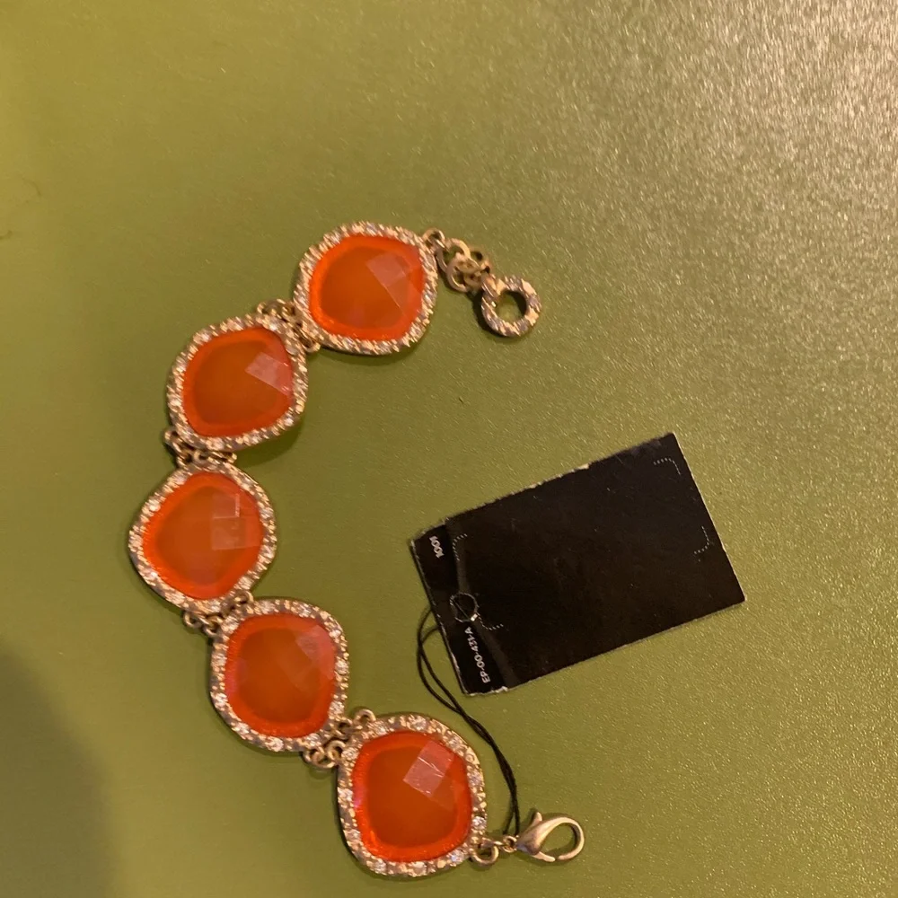Rhinestones Embellished Chunky Bracelet Orange/Gold NWT Toggle Clasp Stones